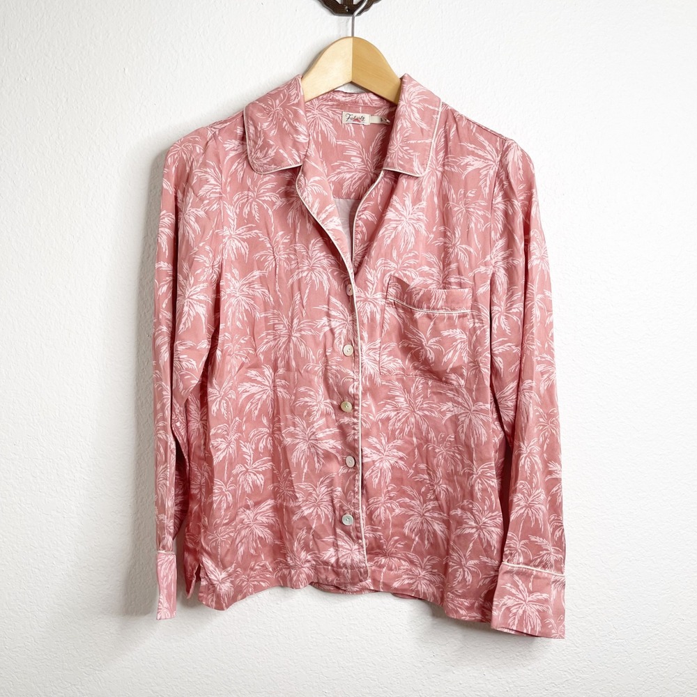 Faherty Womens 100% Silk Palm Tree Print Pajama Shirt Pink Long Sleeve Small